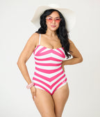 Barbie™ x Unique Vintage Pink & White Chevron Stripe One Piece Bathing Suit