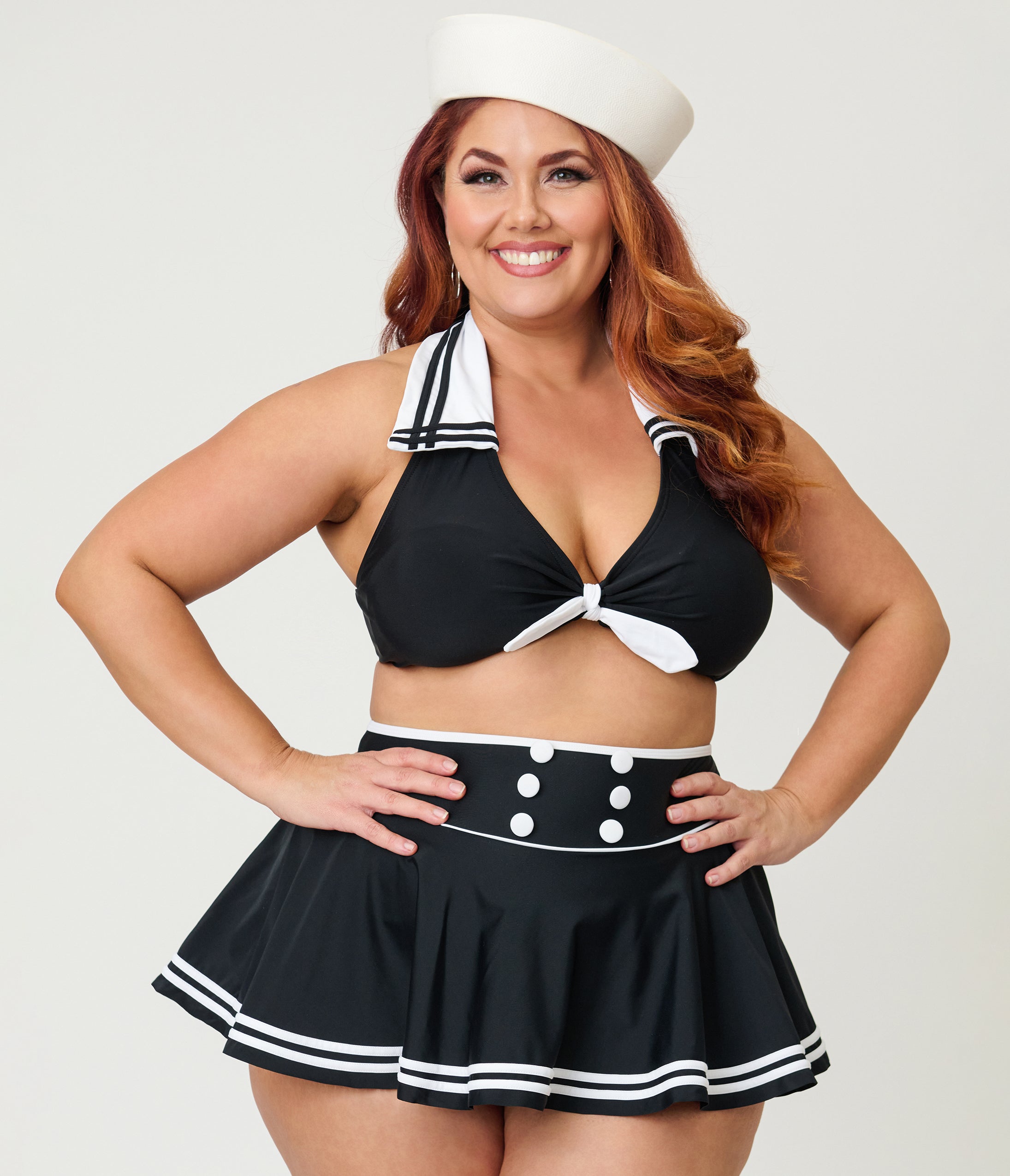 Unique Vintage Plus Size Black & White Nautical Swim Skirt