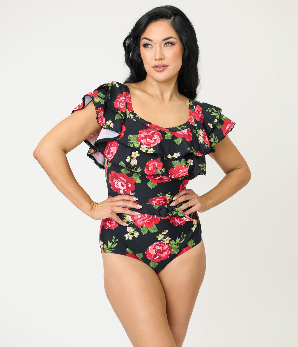 Unique Vintage Black Cabbage Roses Off Shoulder Nantucket Swimsuit
