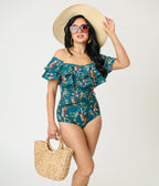 Unique Vintage Green Tiger Print Off Shoulder Nantucket Swimsuit