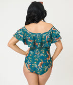 Unique Vintage Green Tiger Print Off Shoulder Nantucket Swimsuit