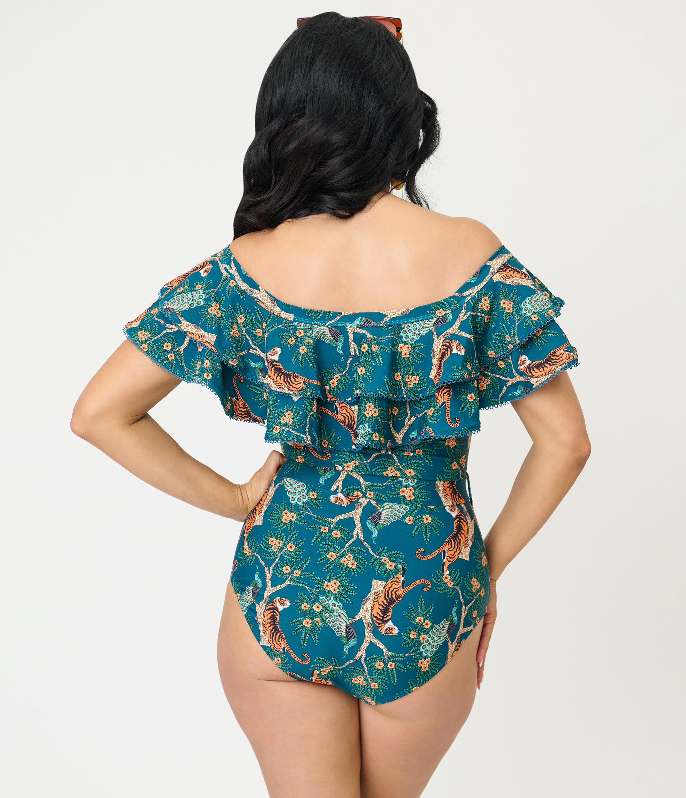 Unique Vintage Green Tiger Print Off Shoulder Nantucket Swimsuit