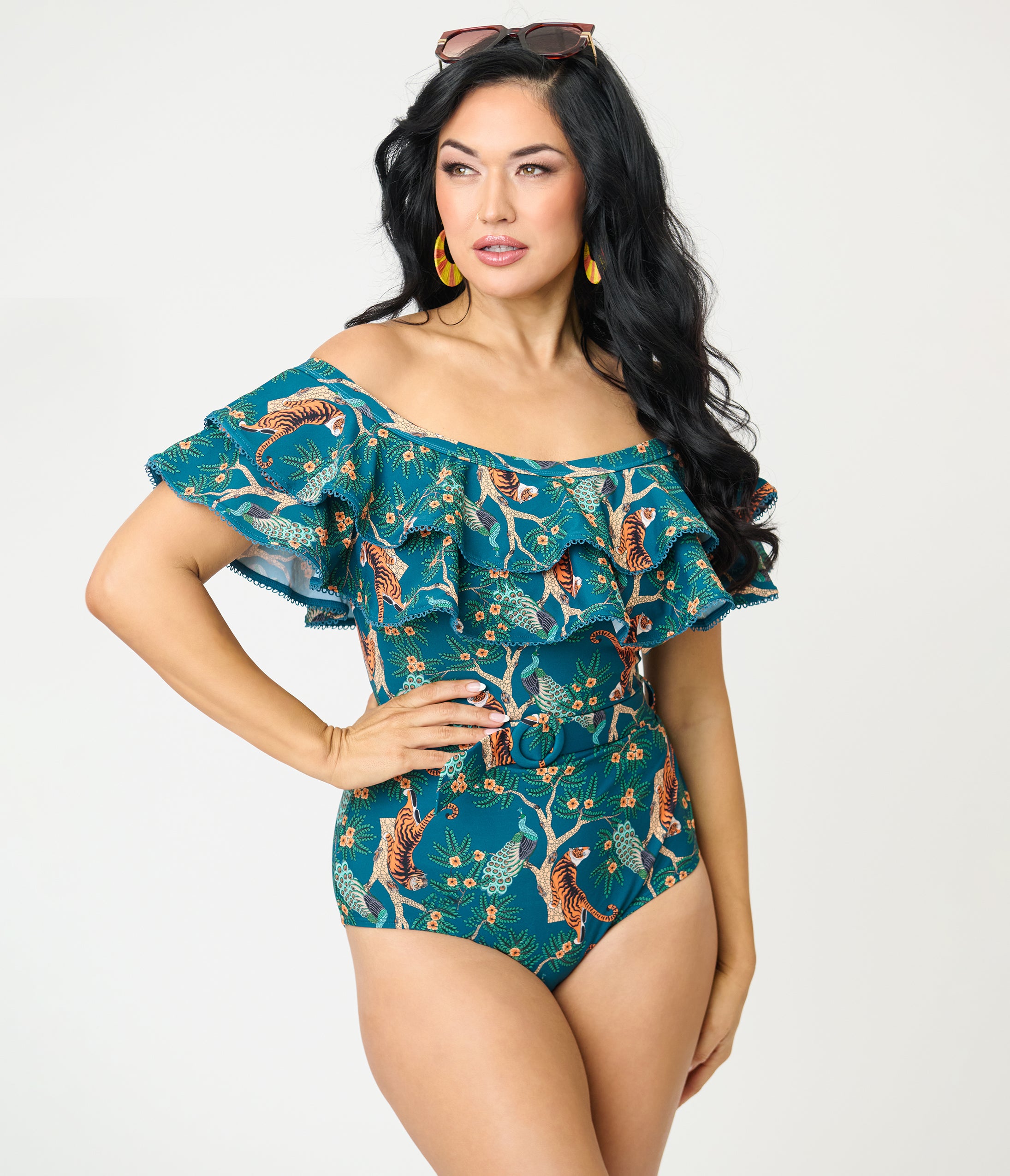 Unique Vintage Green Tiger Print Off Shoulder Nantucket Swimsuit
