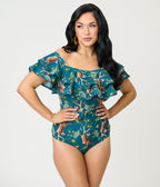 Unique Vintage Green Tiger Print Off Shoulder Nantucket Swimsuit