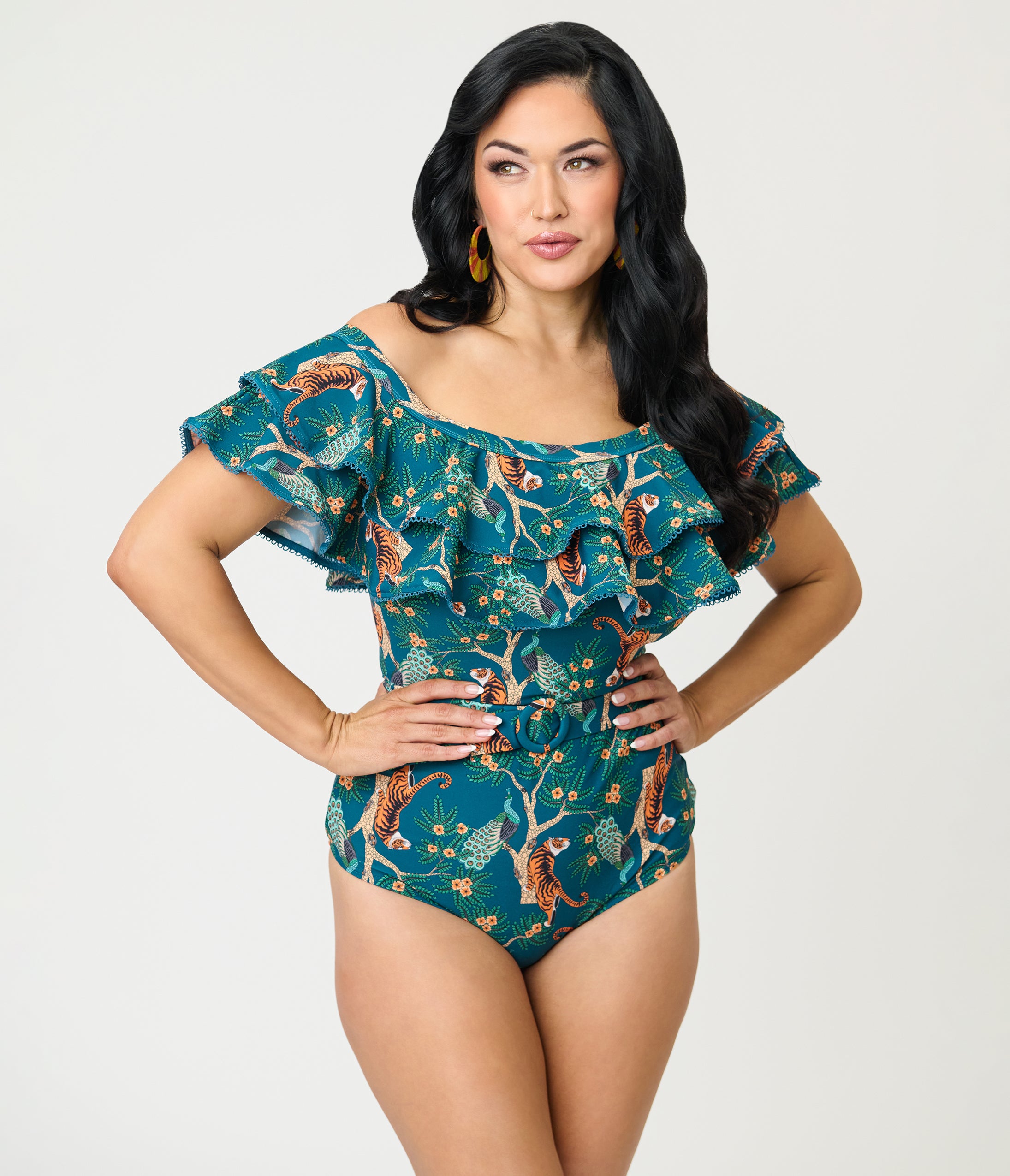 Unique Vintage Green Tiger Print Off Shoulder Nantucket Swimsuit