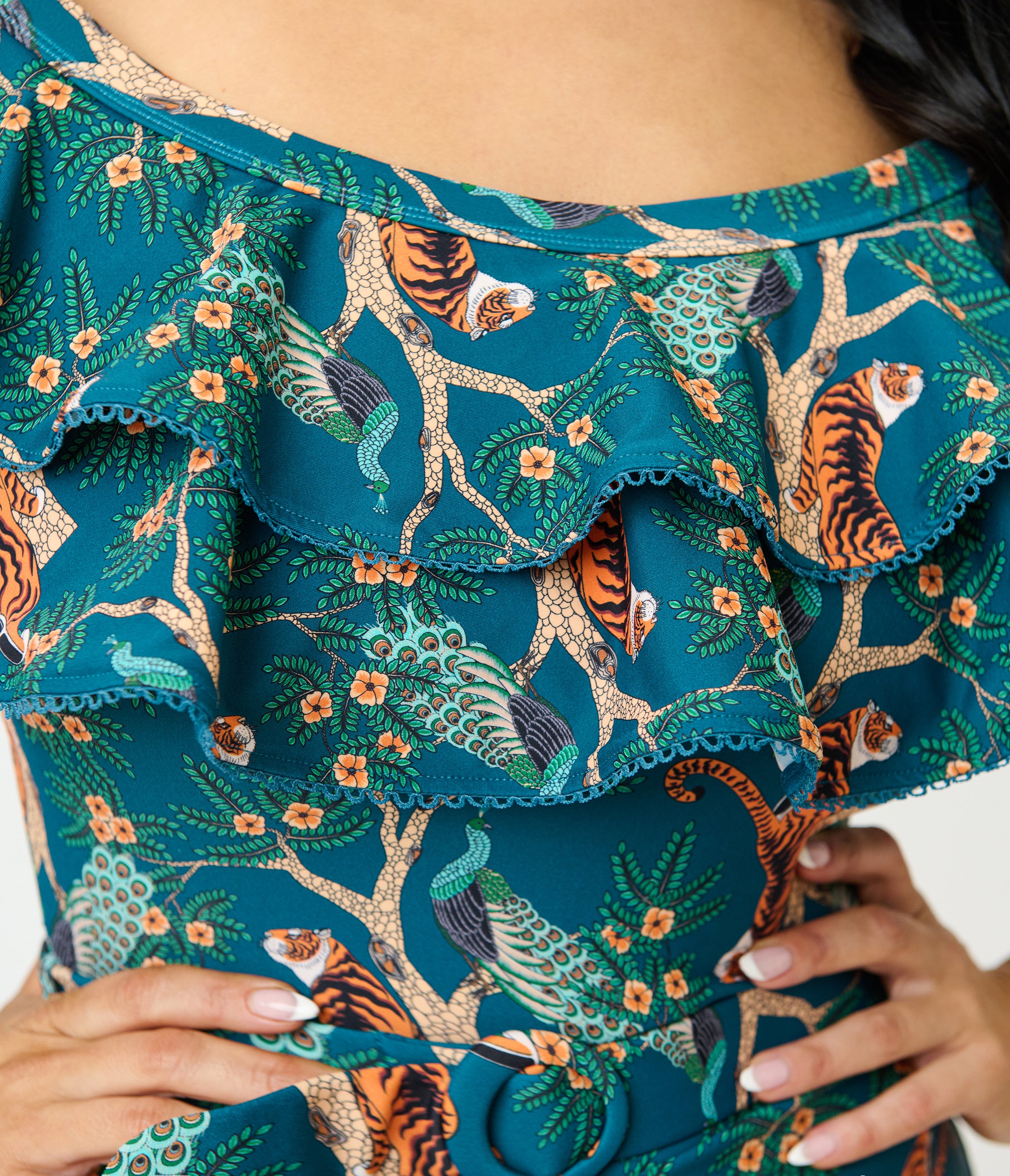 Unique Vintage Green Tiger Print Off Shoulder Nantucket Swimsuit