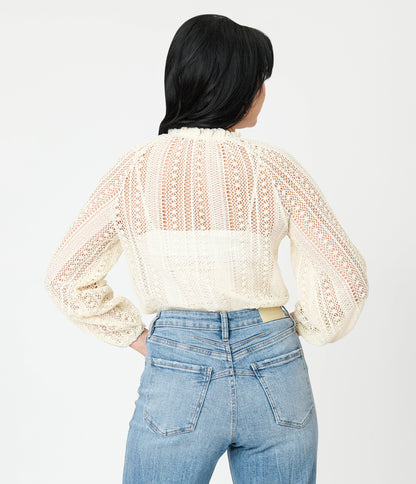 Cream Crochet Long Sleeve Blouse