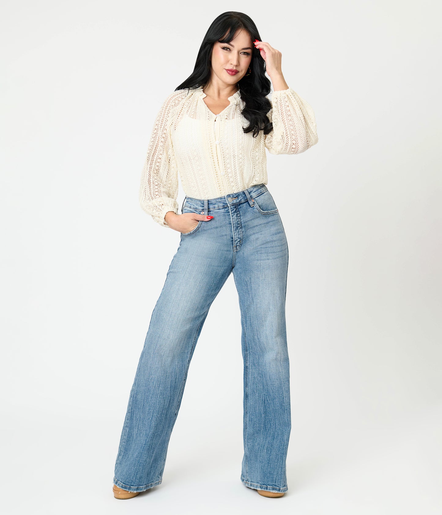 Cream Crochet Long Sleeve Blouse