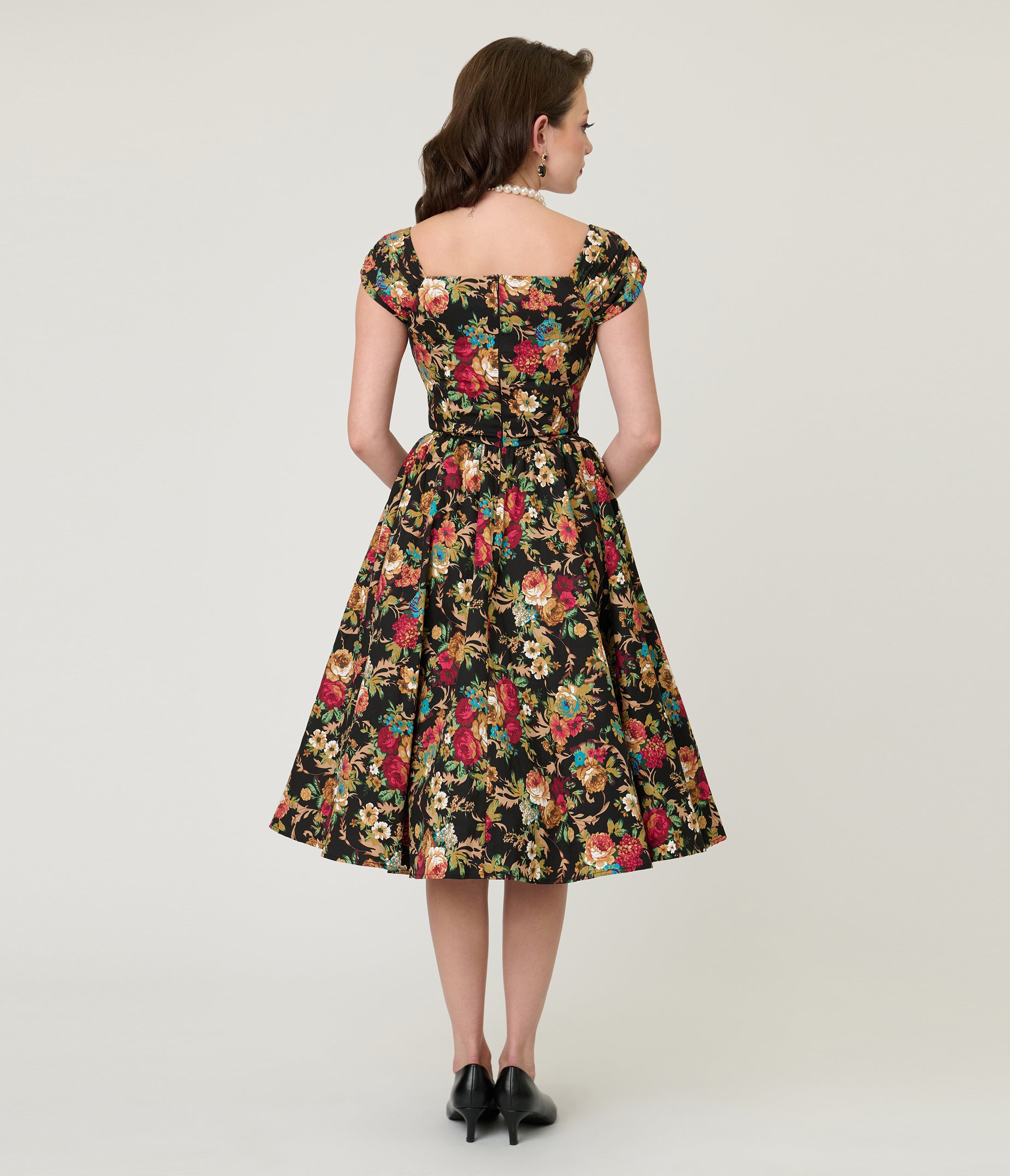 Black & Gold Floral Swing Dress