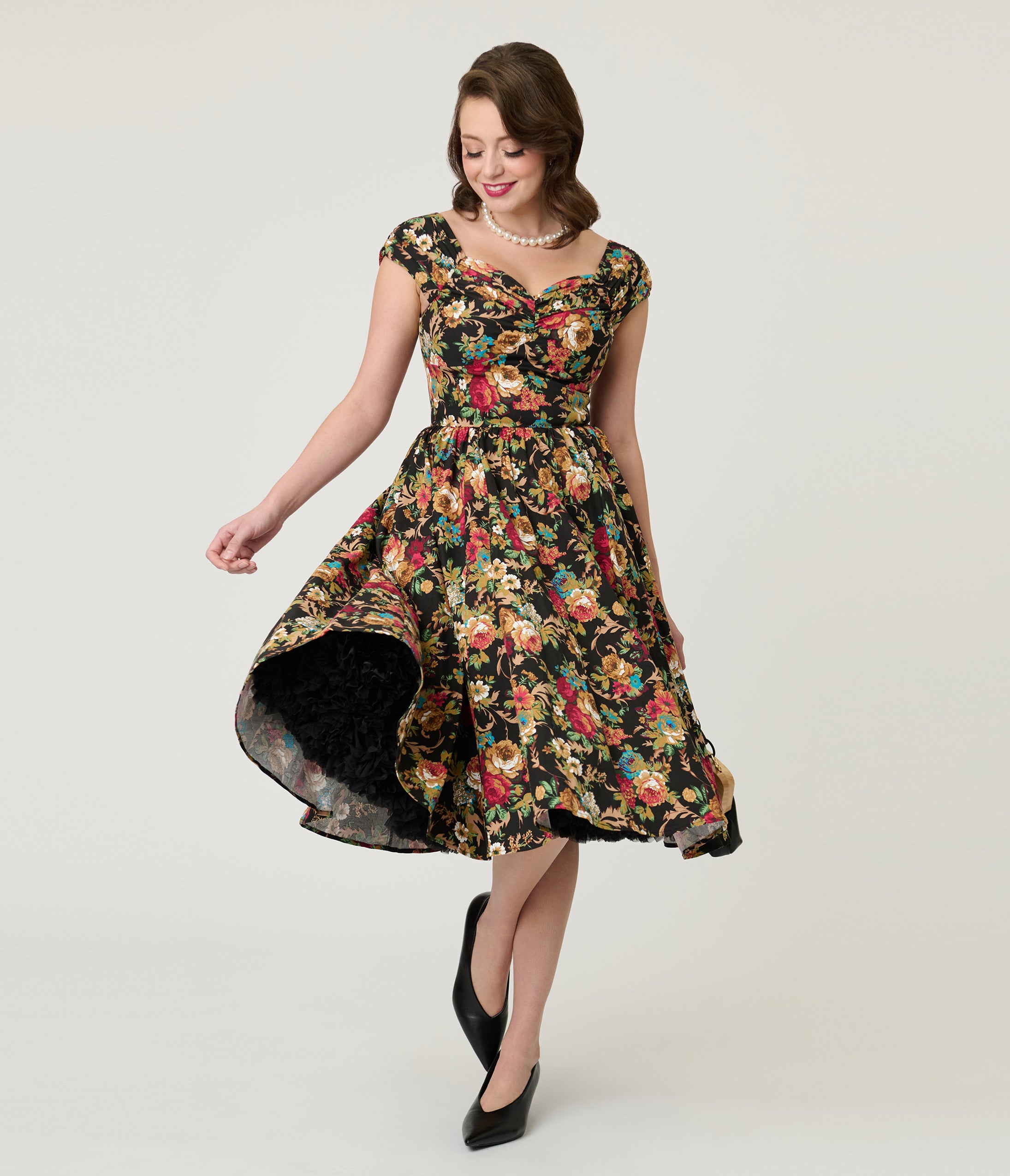 Black & Gold Floral Swing Dress