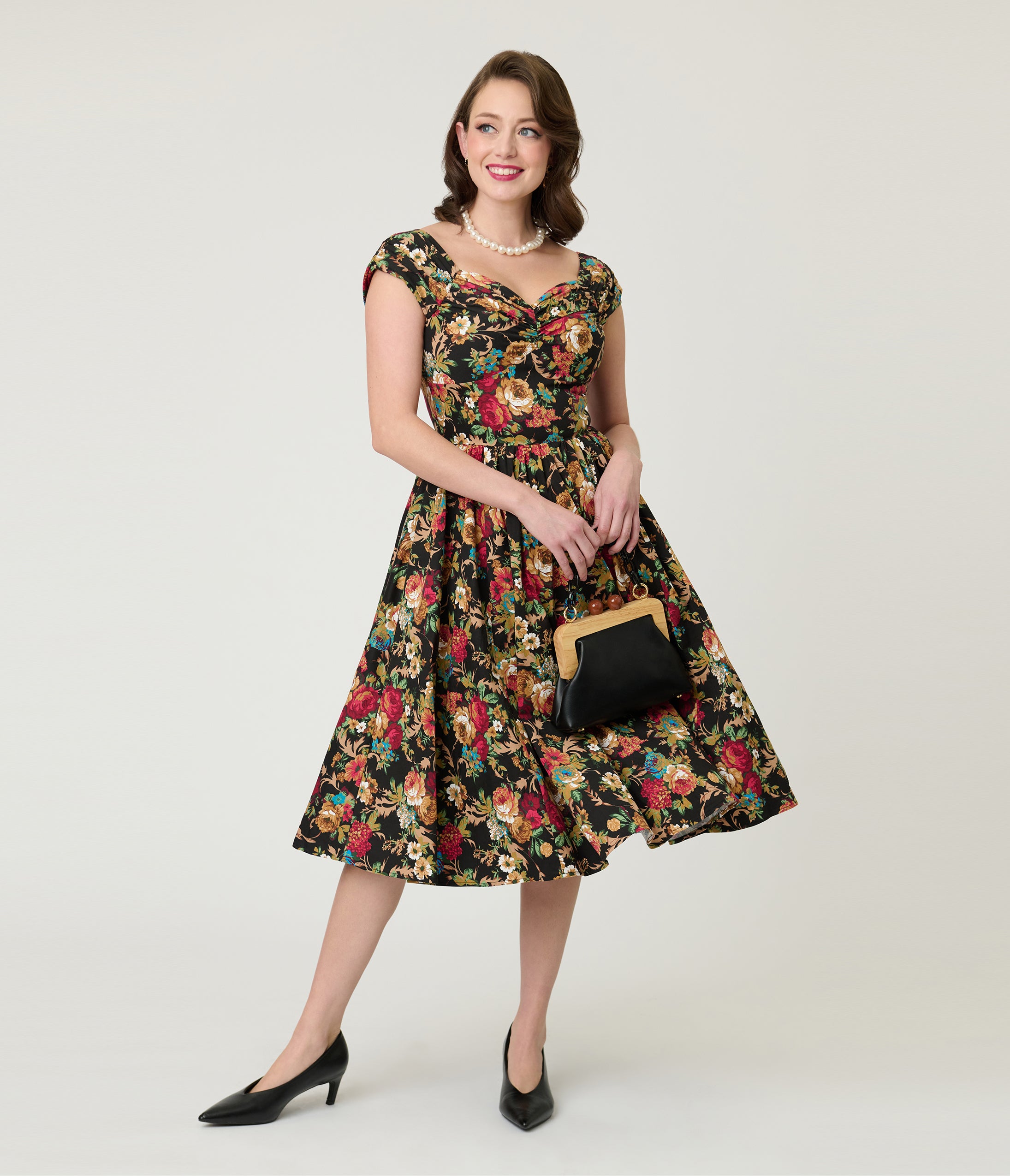 Black & Gold Floral Swing Dress