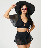 Unique Vintage Black Flutter Sleeve Swim Top