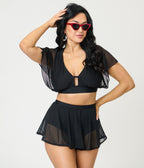 Unique Vintage Black Flutter Sleeve Swim Top