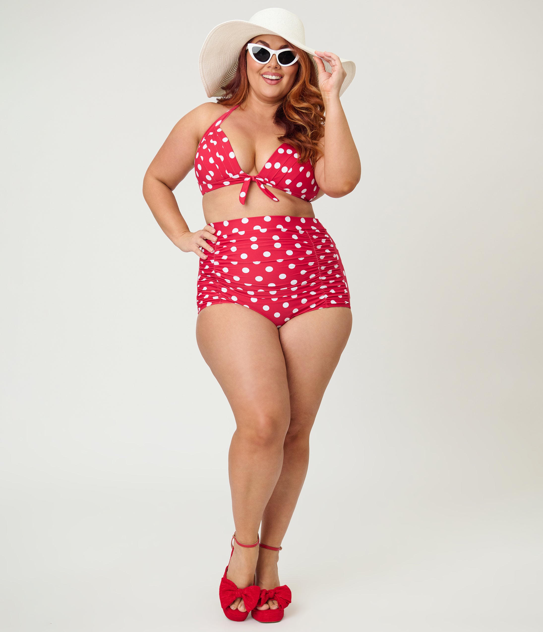 Unique Vintage Plus Size Red & White Dot Monroe Halter Swim Top