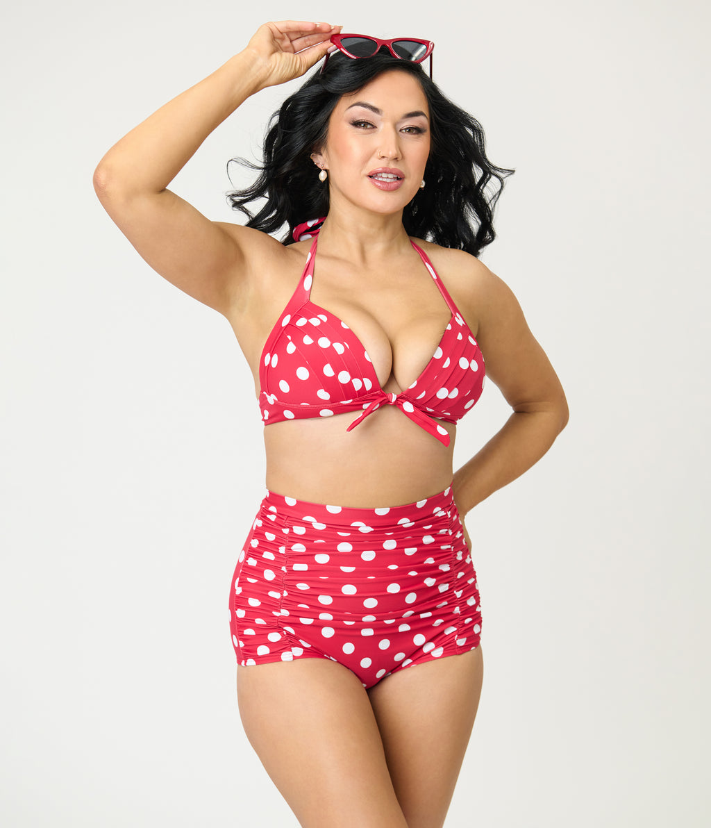 Unique Vintage Red & White Dot Monroe Halter Swim Top