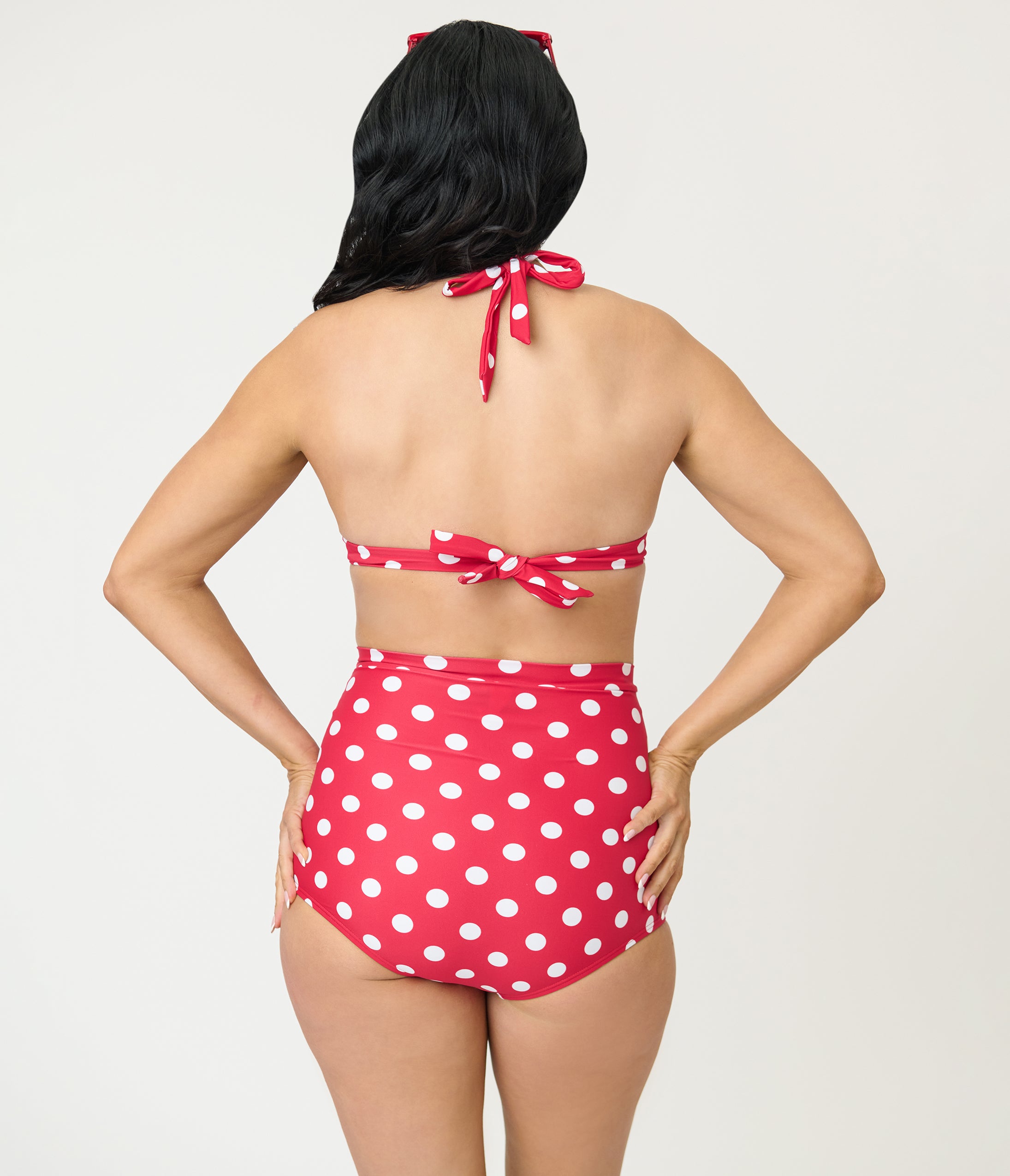 Unique Vintage Red & White Dot Monroe Halter Swim Top