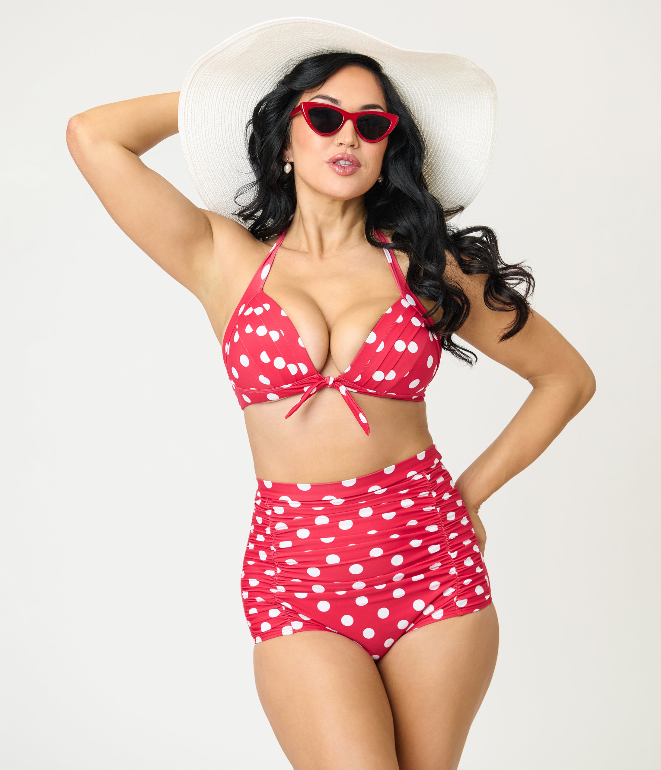 Unique Vintage Red & White Dot Monroe Halter Swim Top