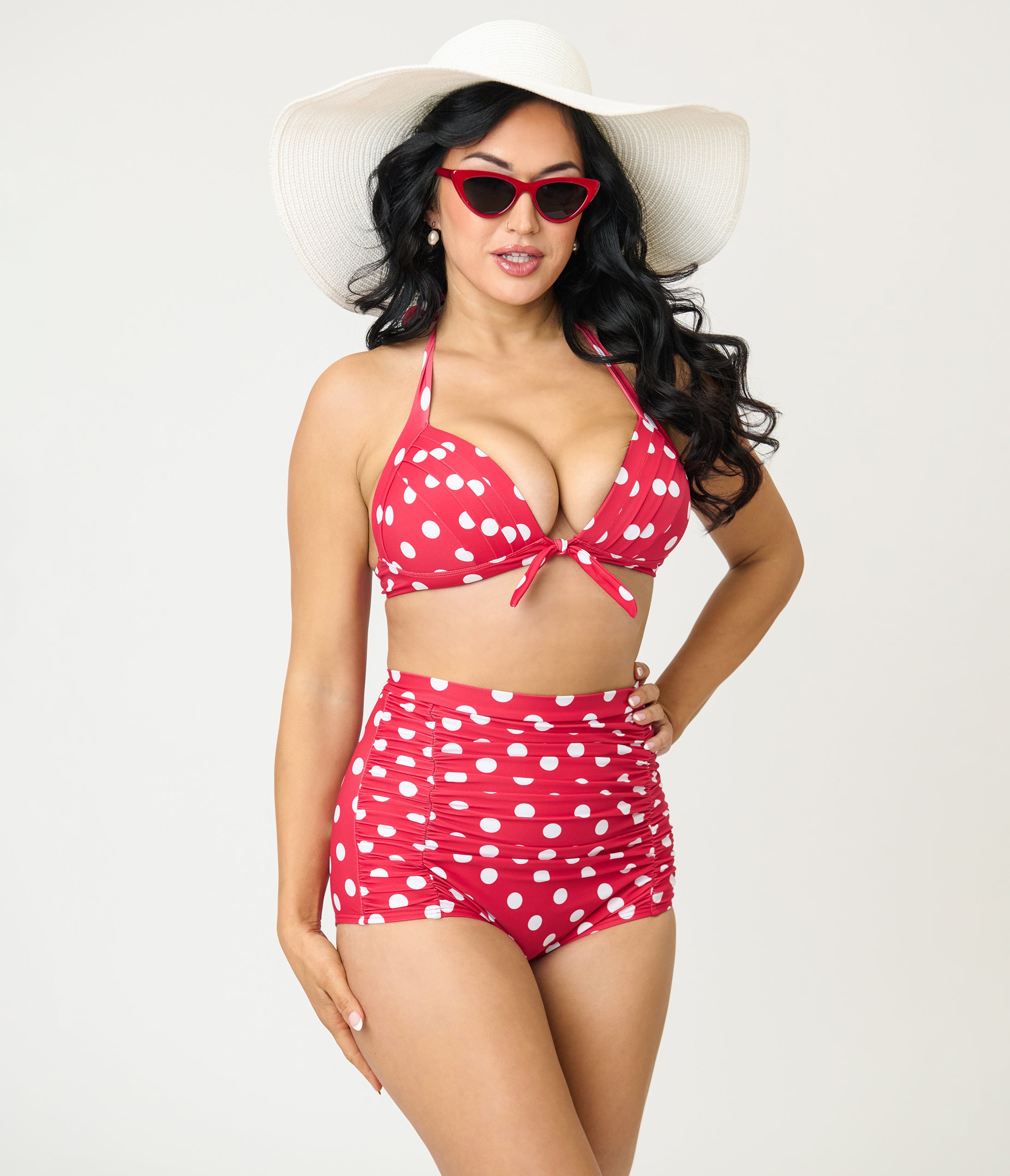 Unique Vintage Red & White Dot Monroe Halter Swim Top