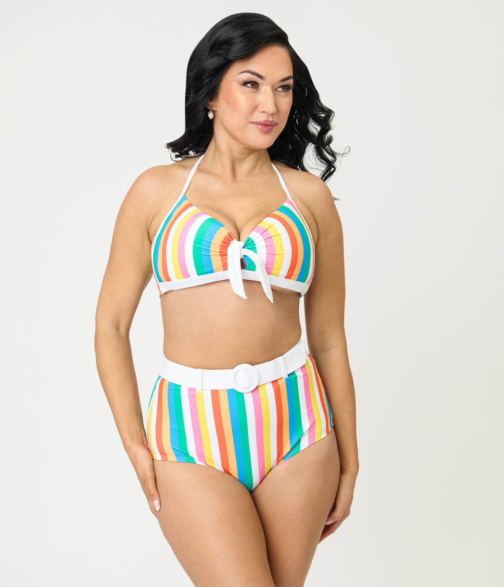 Unique Vintage Rainbow Stripe Belted Redondo Swim Bottoms