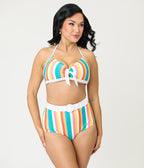 Unique Vintage Rainbow Stripe Belted Redondo Swim Bottoms