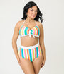 Unique Vintage Rainbow Stripe Belted Redondo Swim Bottoms