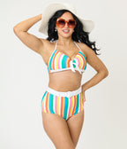 Unique Vintage Rainbow Stripe Belted Redondo Swim Bottoms