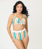 Unique Vintage Rainbow Stripe Halter Swim Top