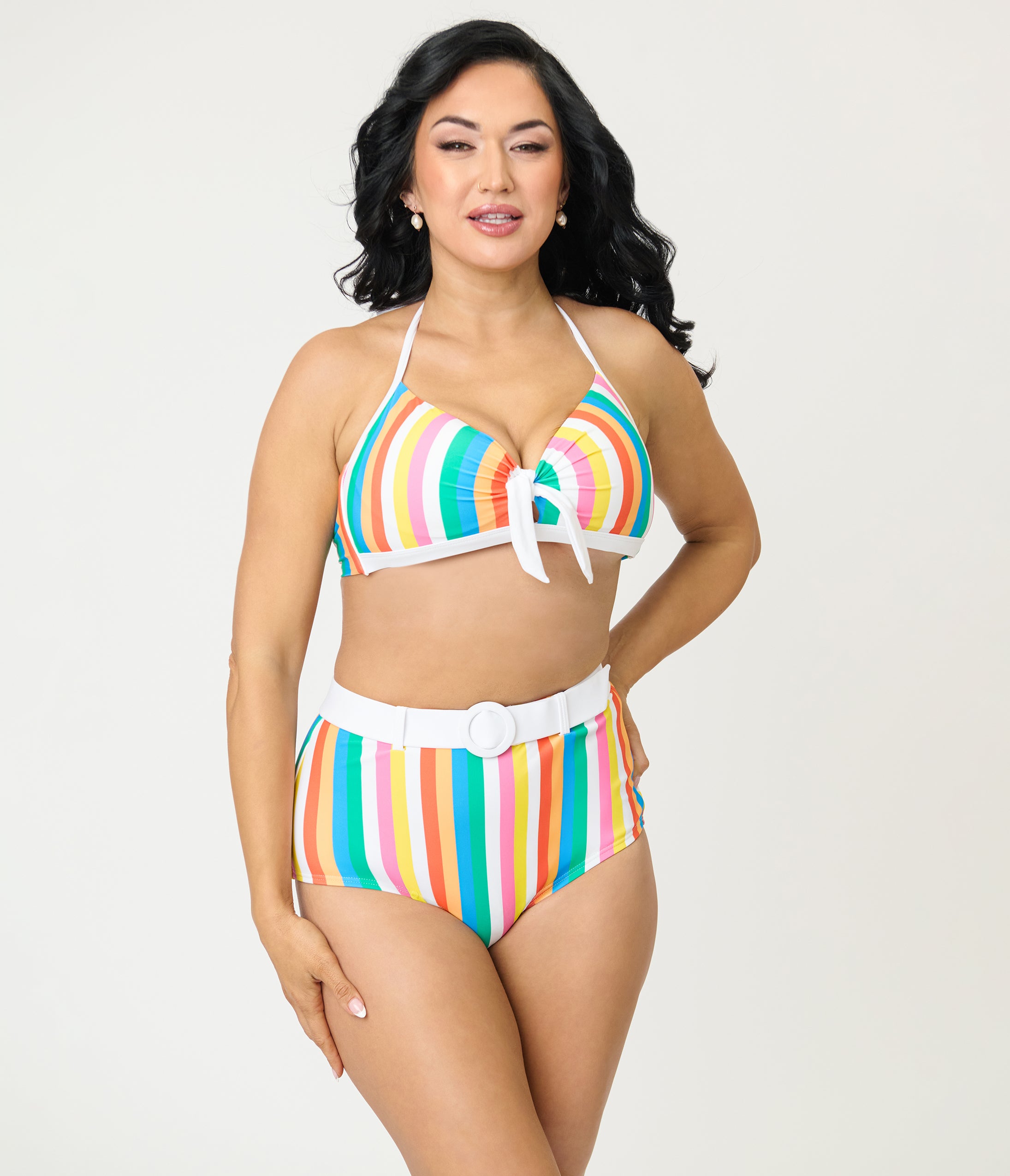 Unique Vintage Rainbow Stripe Halter Swim Top