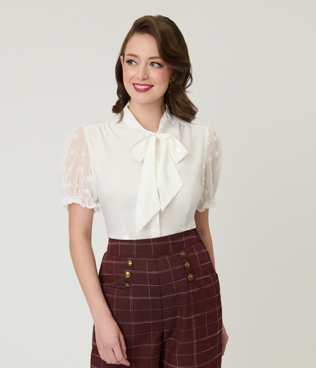 White Puff Sleeve Bow Blouse