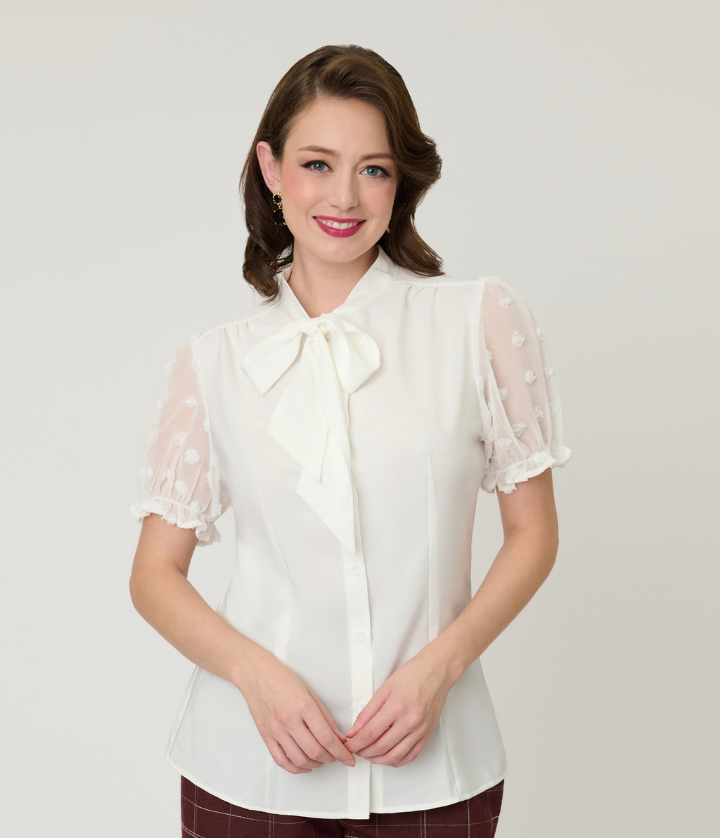 White Puff Sleeve Bow Blouse