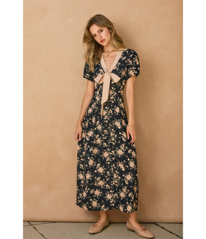 Black & Cream Floral Bow Maxi Dress