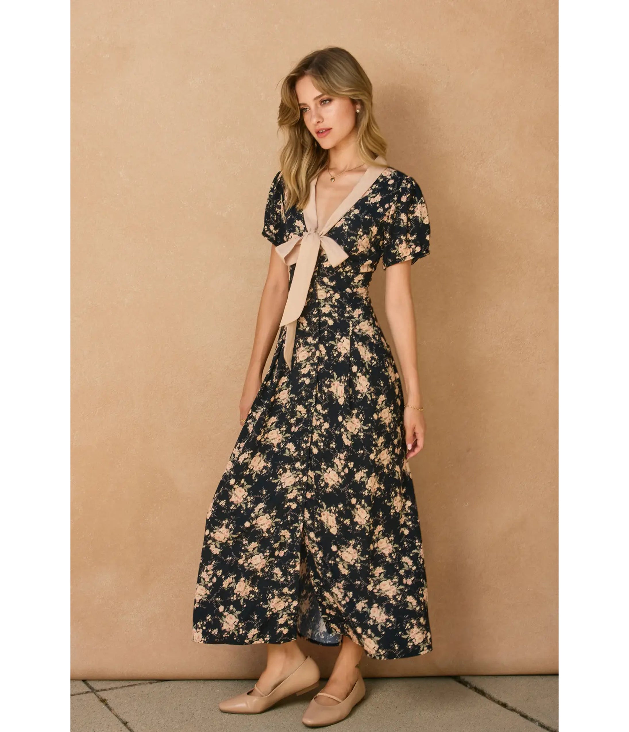 Black & Cream Floral Bow Maxi Dress - Unique Vintage - Womens, DRESSES, MAXI