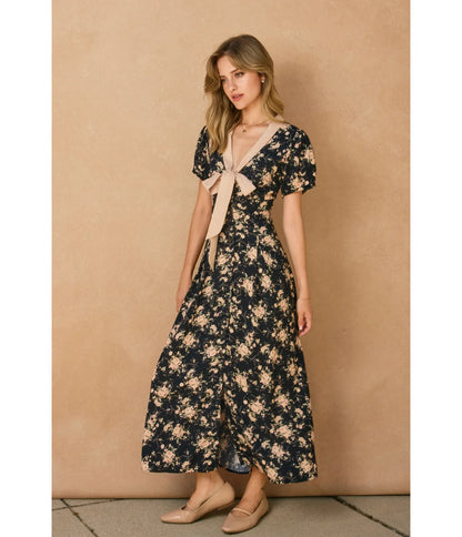 Black & Cream Floral Bow Maxi Dress