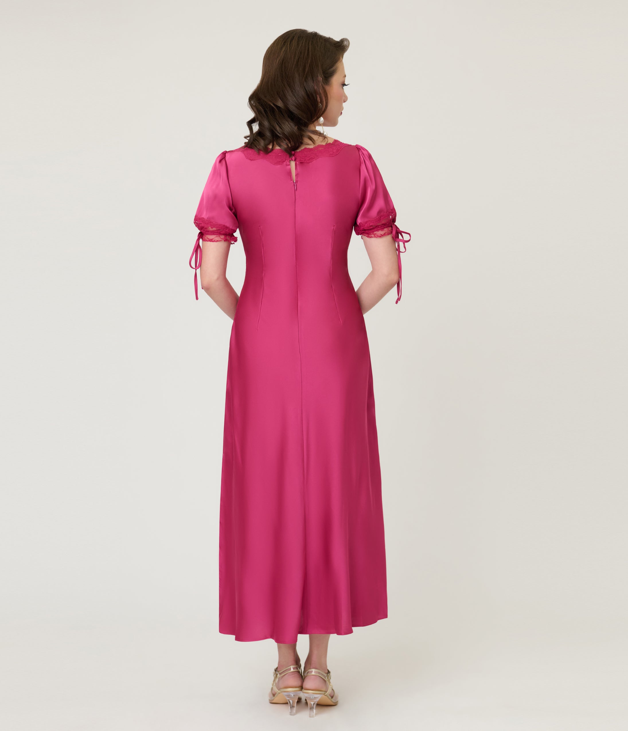 Pink Lace Trim Midi Dress