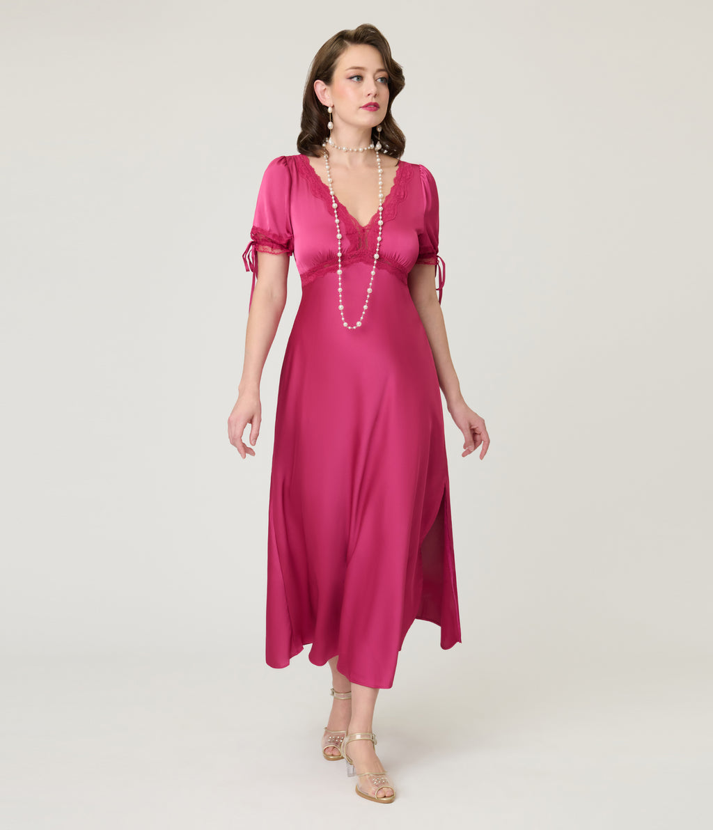 Pink Lace Trim Midi Dress