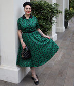 Dolly & Dotty Green Mabel Cat Print Midi Shirt Dress