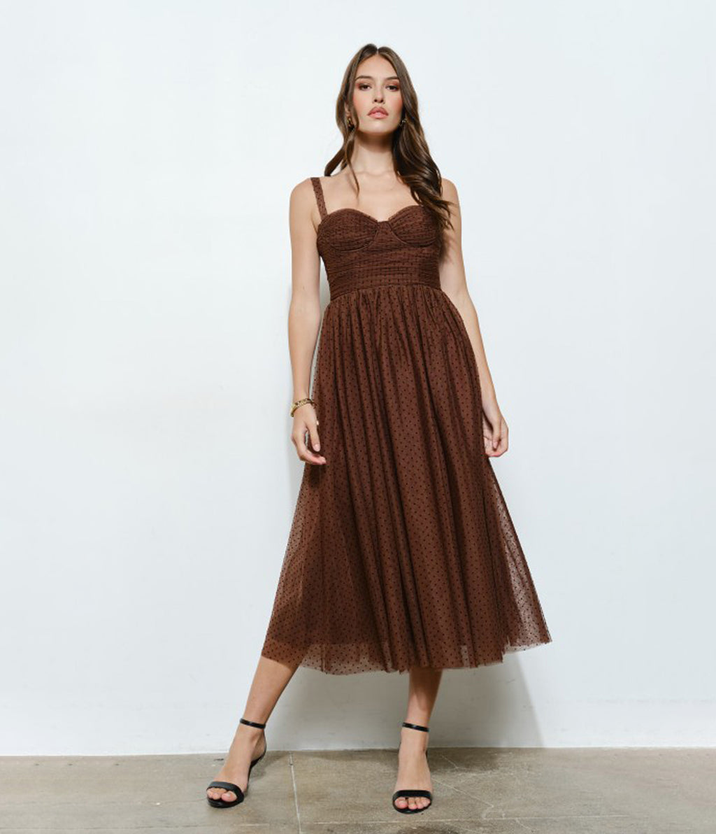 Brown Polka Dot Tulle Midi Dress