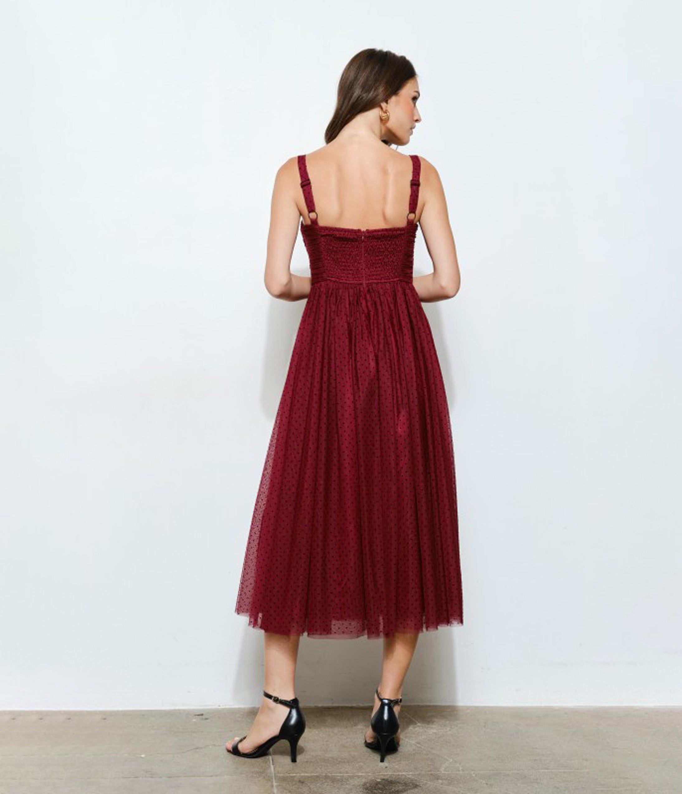Burgundy Polka Dot Tulle Midi Dress