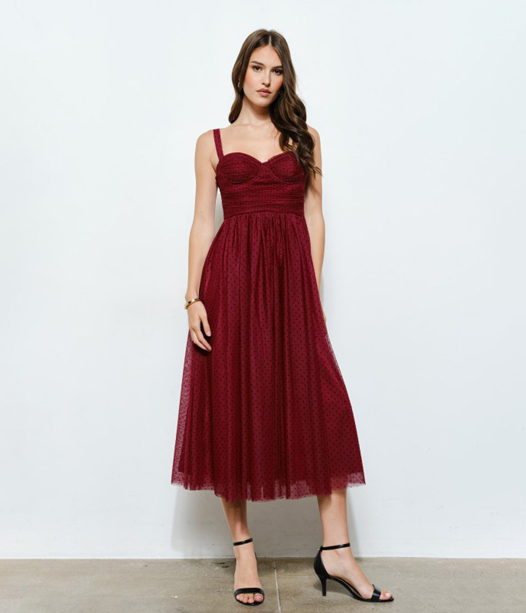 Burgundy Polka Dot Tulle Midi Dress