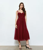 Burgundy Polka Dot Tulle Midi Dress