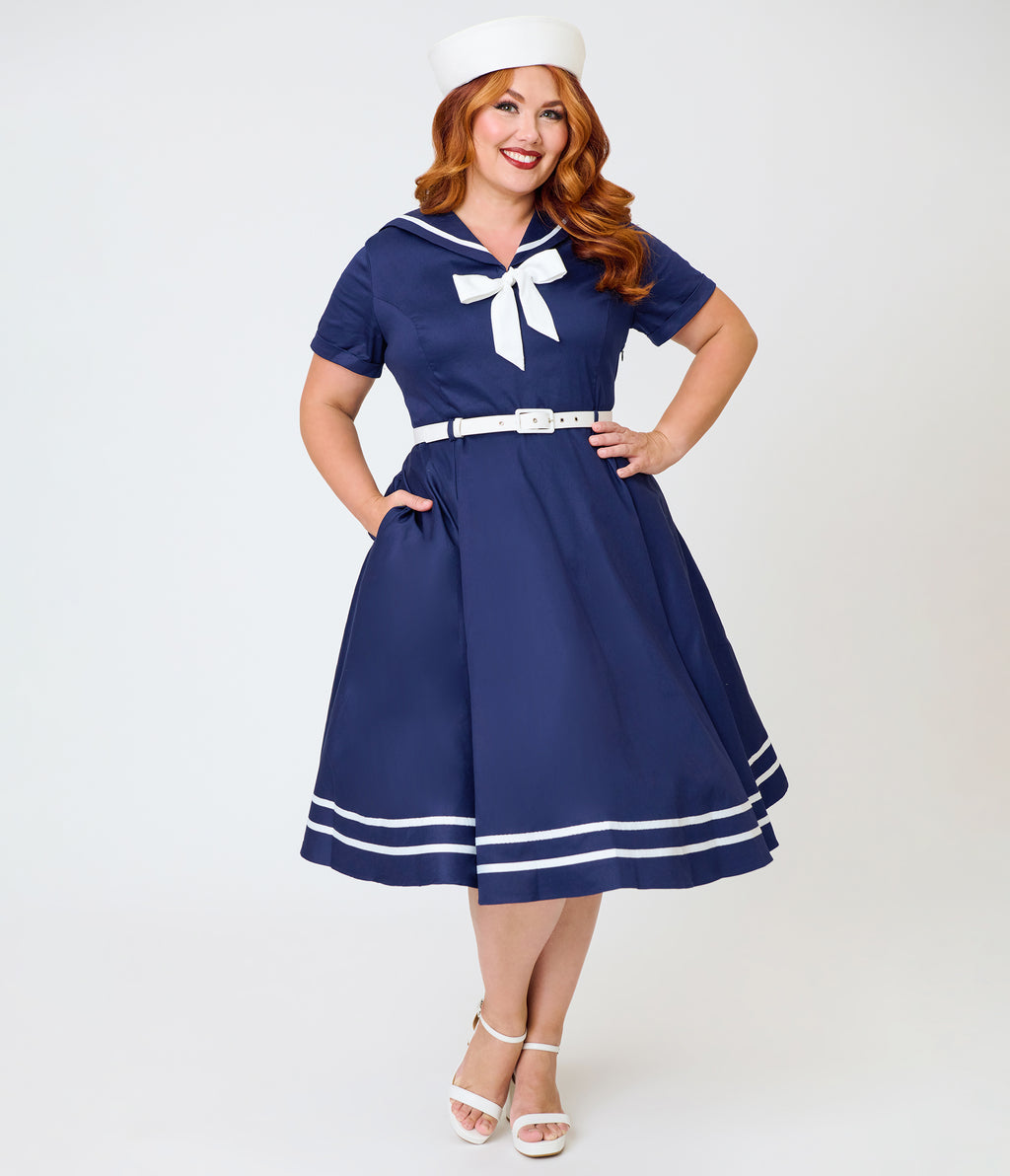Banned Plus Size Navy Blue & White Sailor Swing Dress
