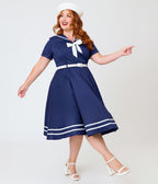 Banned Plus Size Navy Blue & White Sailor Swing Dress