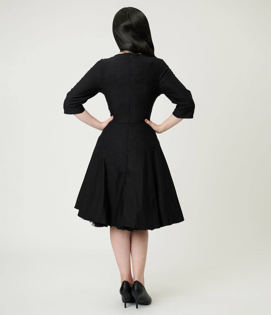 Black Surplice Neck Swing Dress