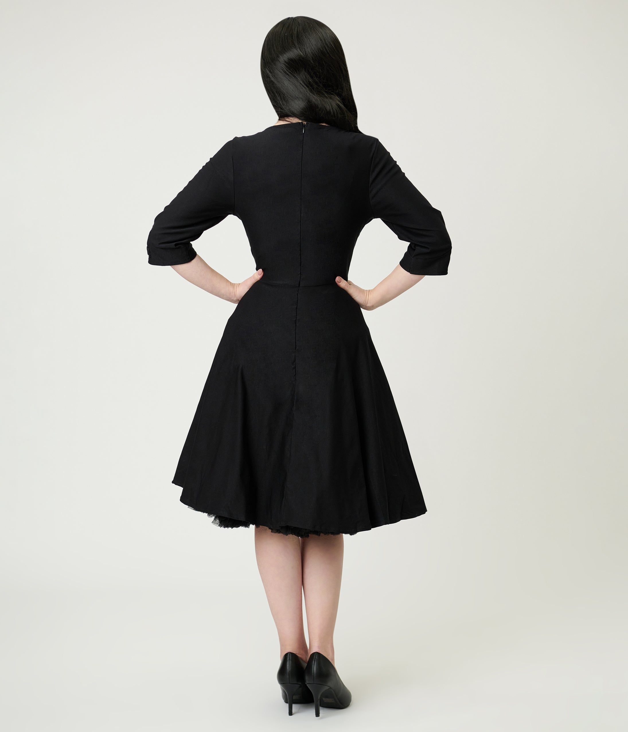 Black Surplice Neck Swing Dress