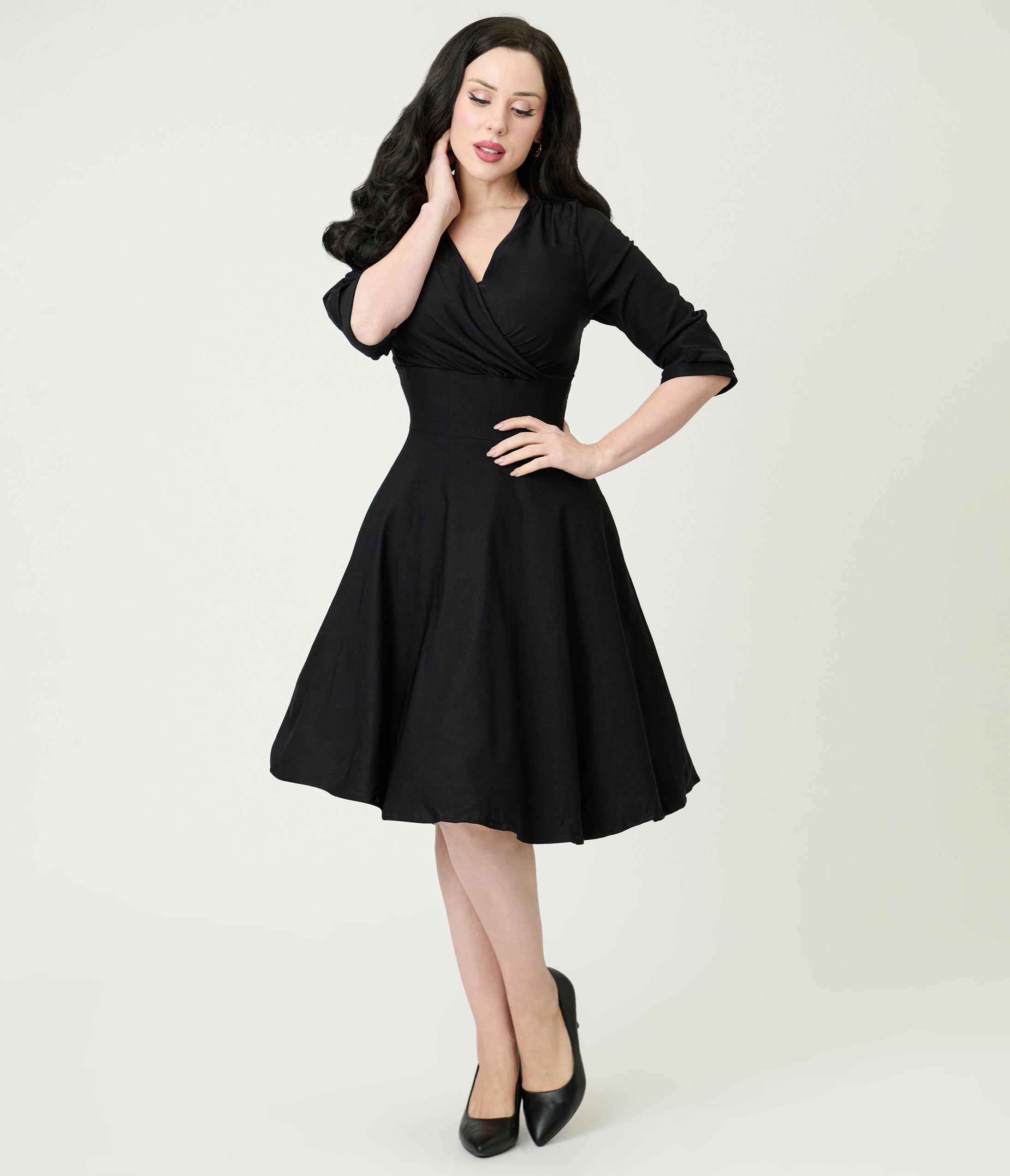 Black Surplice Neck Swing Dress