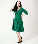 Green Surplice Neck Swing Dress