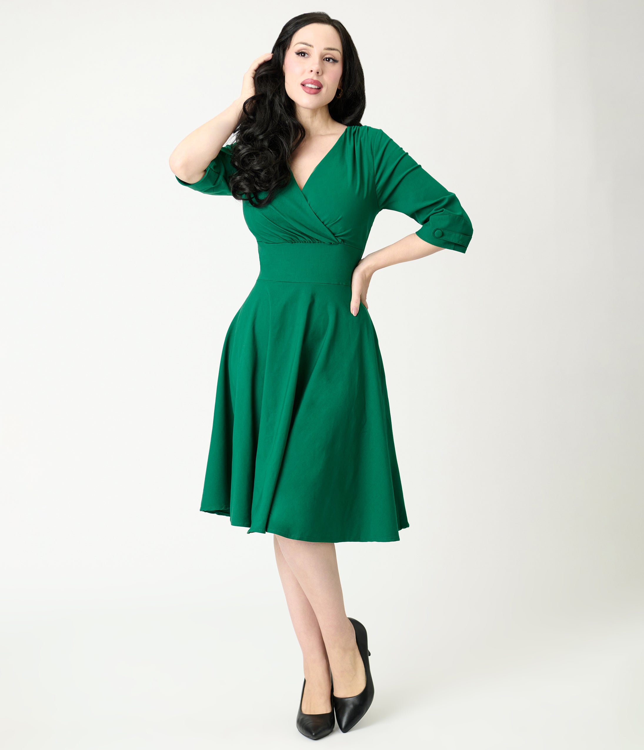 Green Surplice Neck Swing Dress