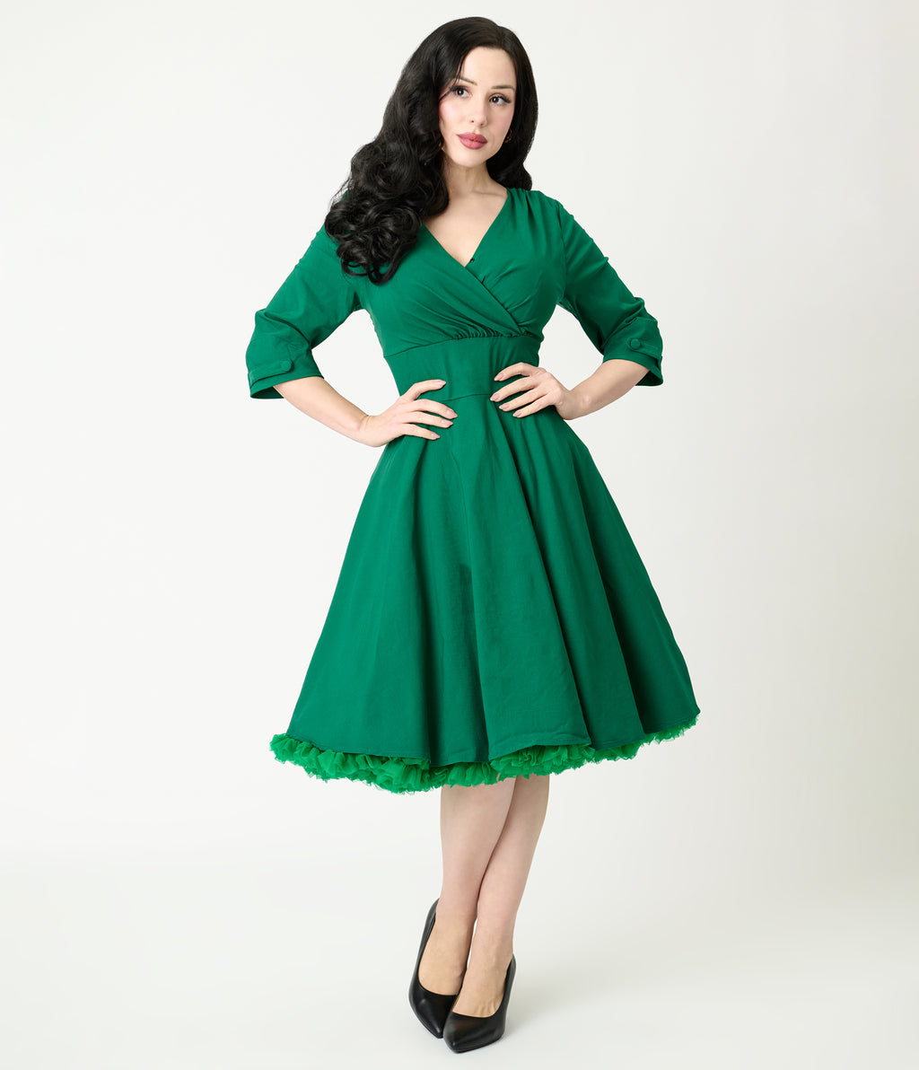 Green Surplice Neck Swing Dress