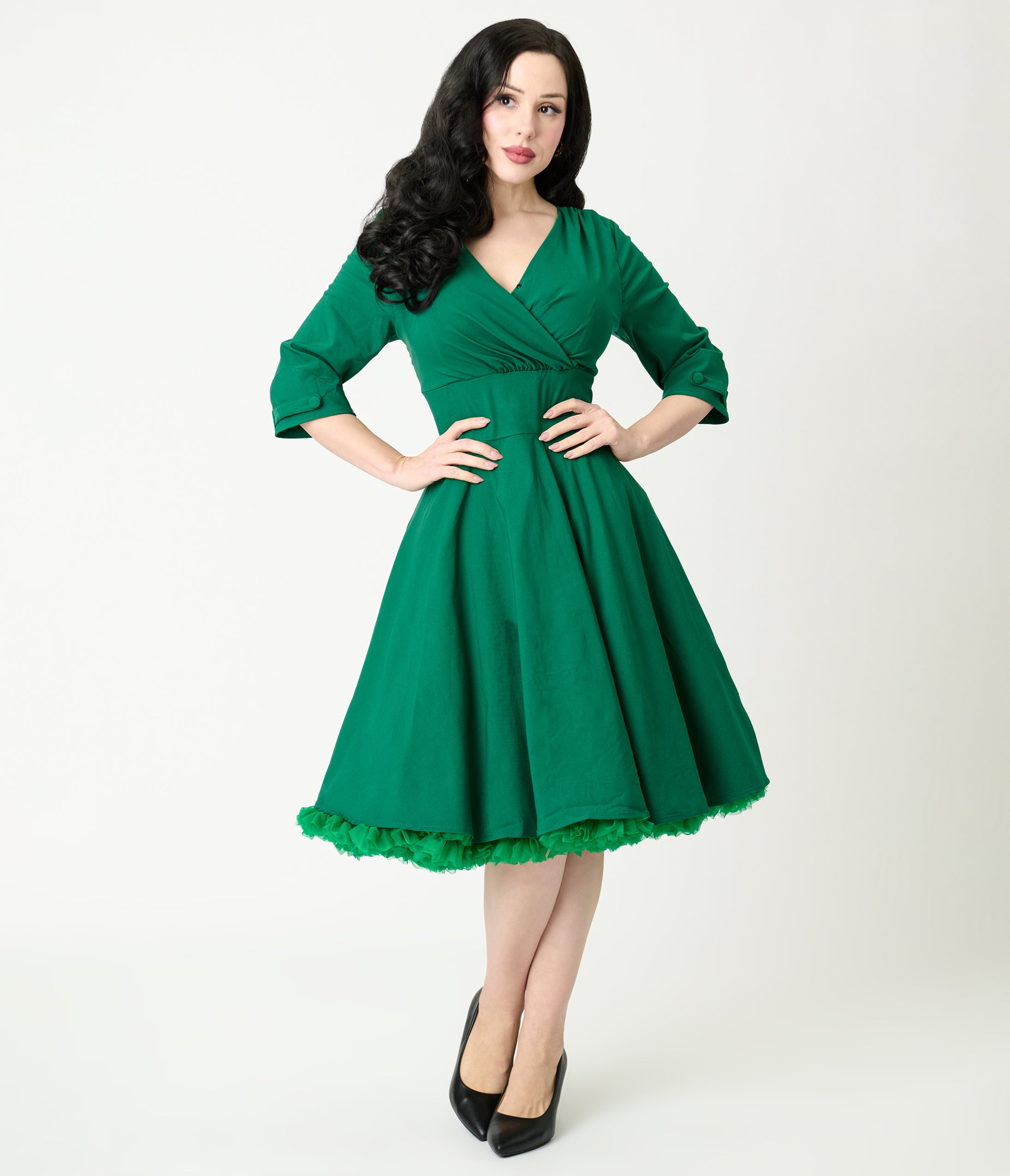 Green Surplice Neck Swing Dress