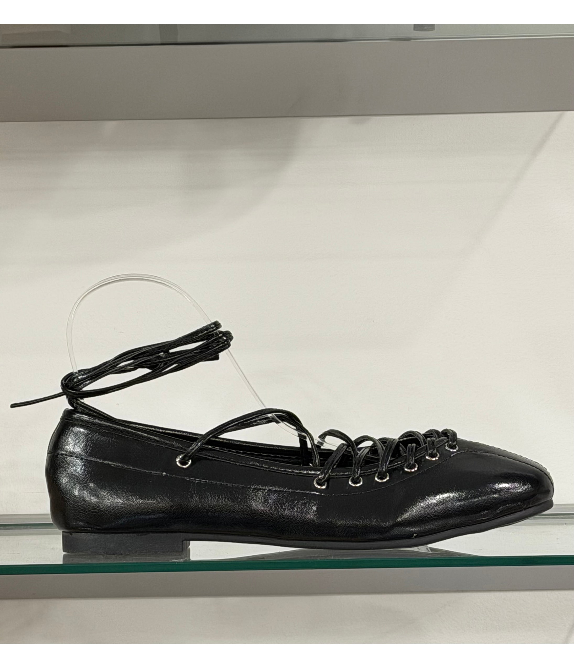 Black Leatherette Lace Up Flats